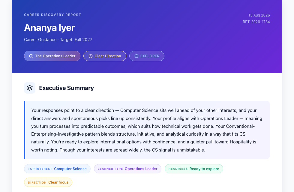 A real Career Discovery Report