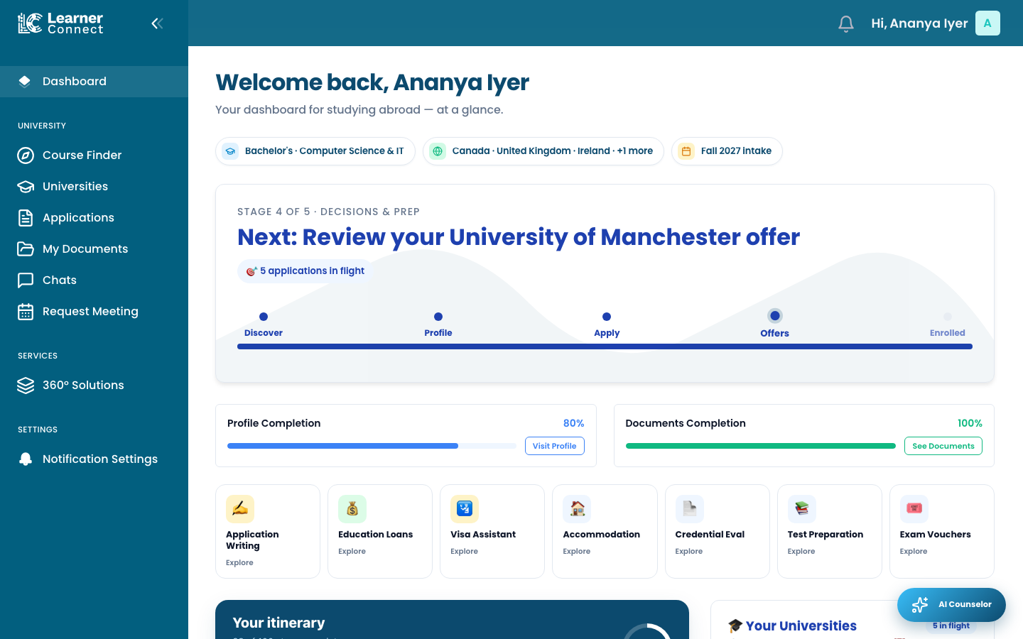 A student's dashboard showing their stage, applications in flight and services